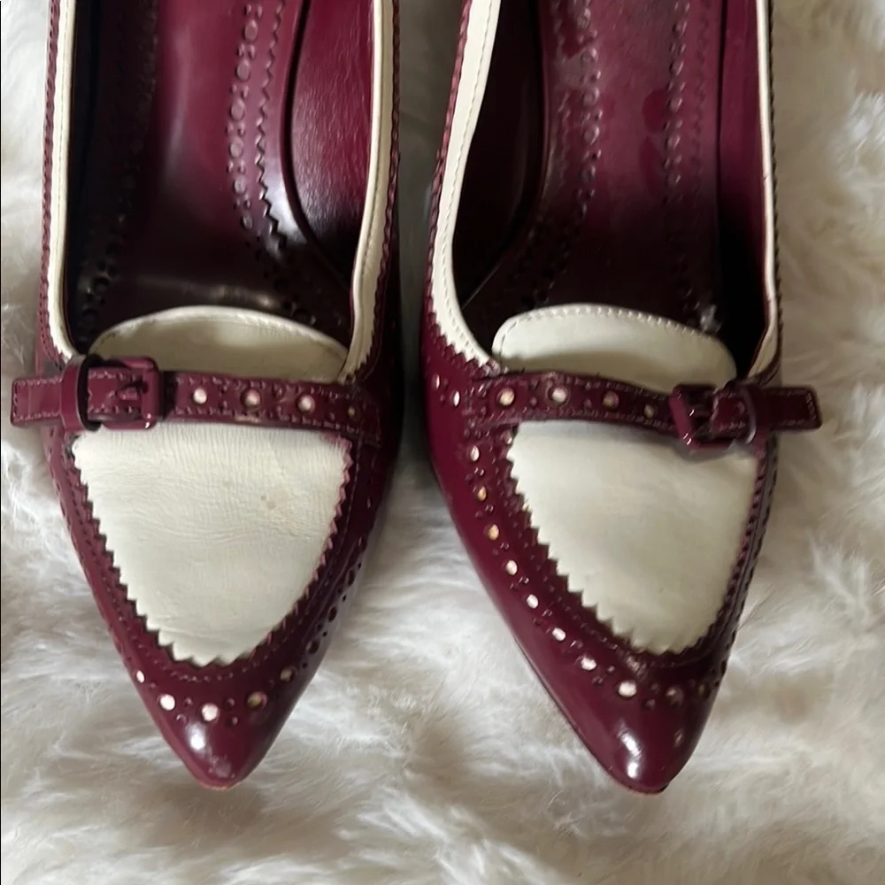 Tory Burch Burgundy and Cream Buckle Heels 9